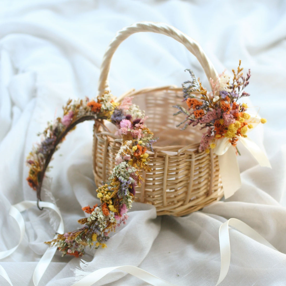 Wicker Flower Girl Basket COLOURFUL FLOWERS