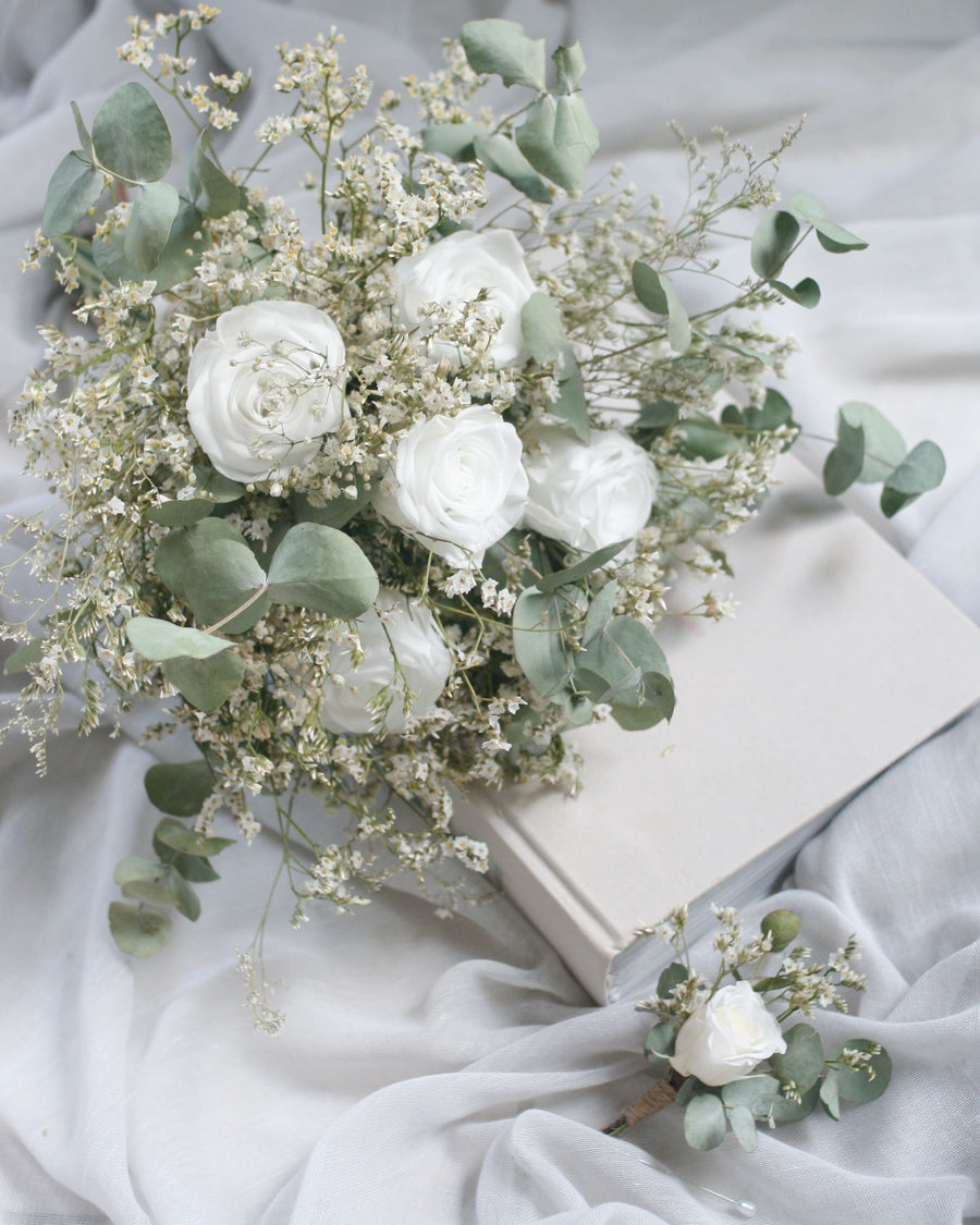 Dried Flower Wedding Bouquet ELEGANT WHITE GREEN